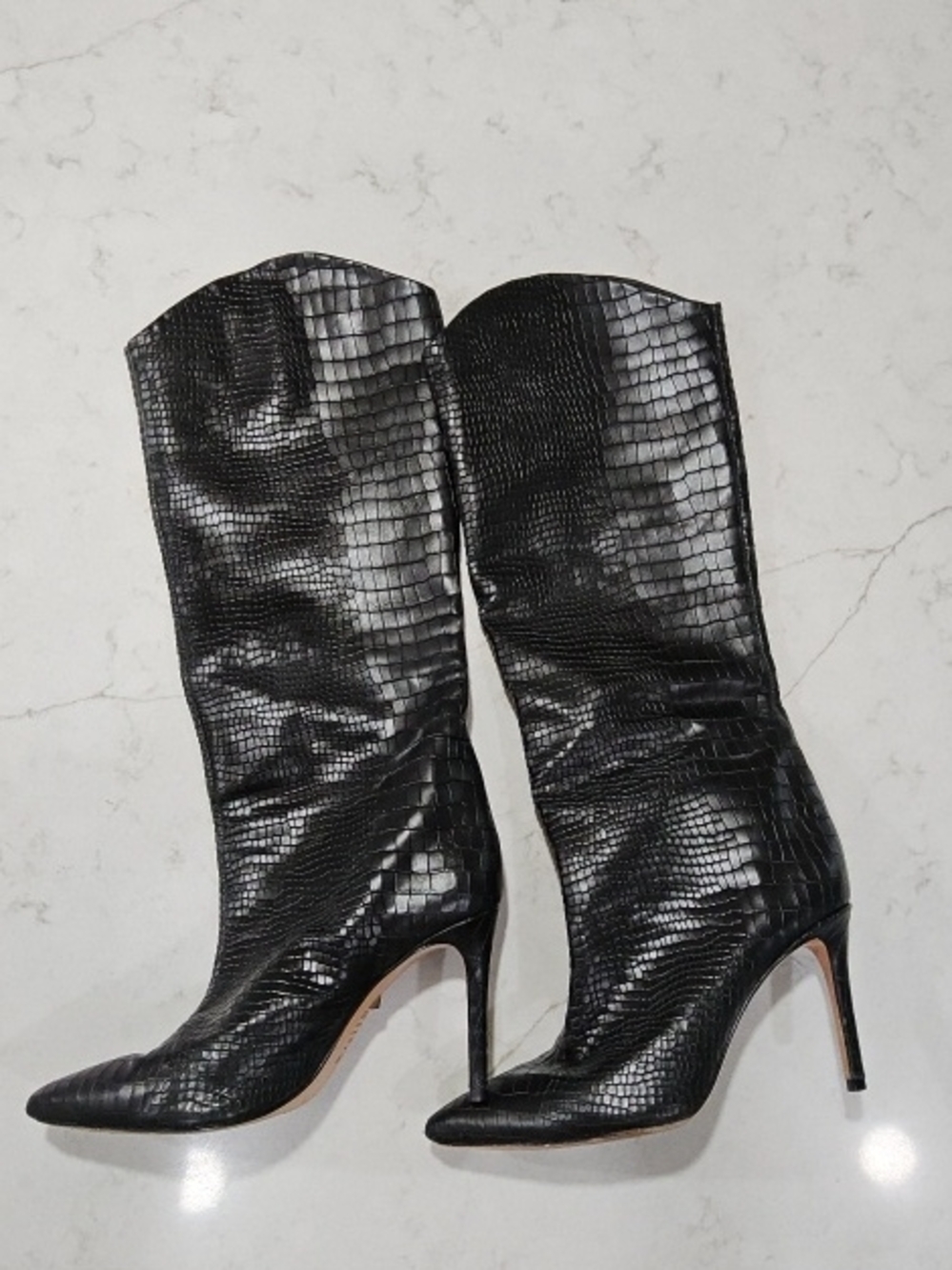 SCHUTZ Black Croc-Embossed Pointed-Toe Stiletto Knee Boots